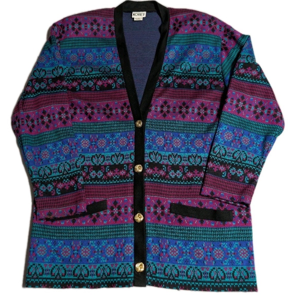 Vintage Koret Geometric Cardigan Sweater Womens M Colorful‎ 80s 90s Retro